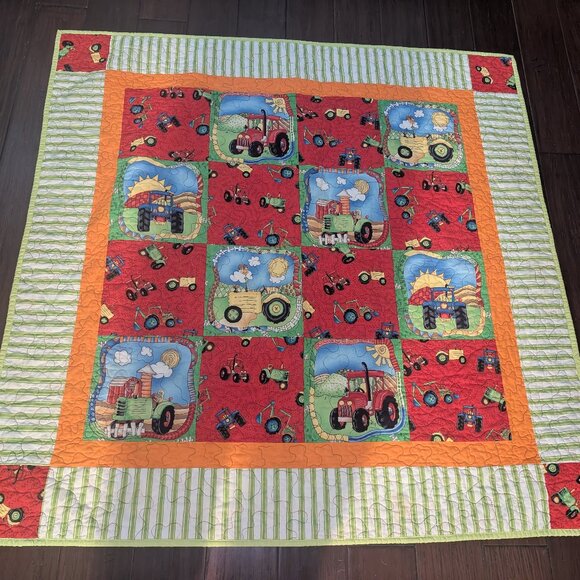 Cute Baby Blanket Quilt 48" x 48" Boys Farm Tractors Theme - Picture 1 of 5